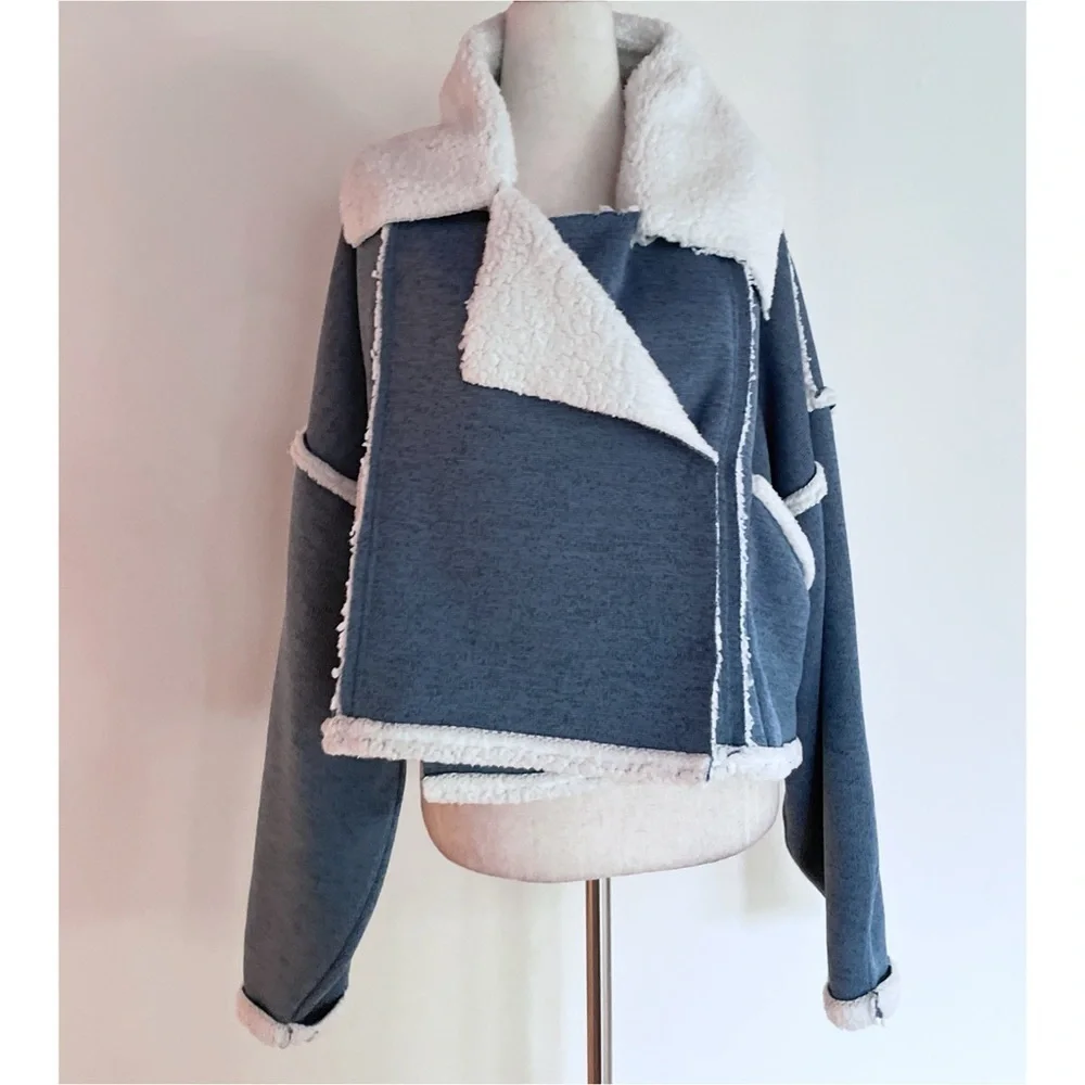 EUC Free People Josephine Sweater Sherpa Fleece Oversized Moto Sweater Jacket XS